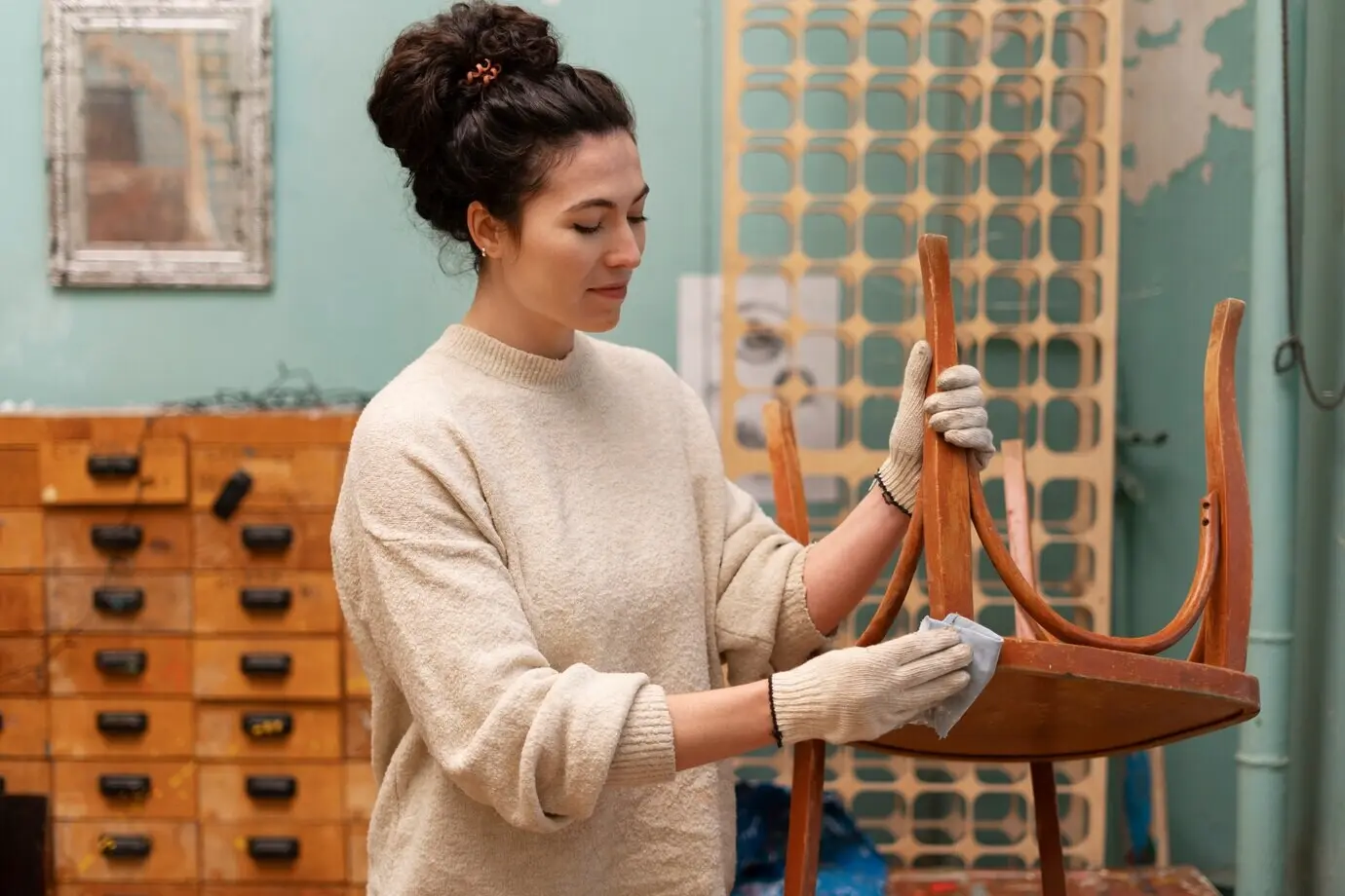 Seitenansicht: Frau restauriert einen Holzstuhl
