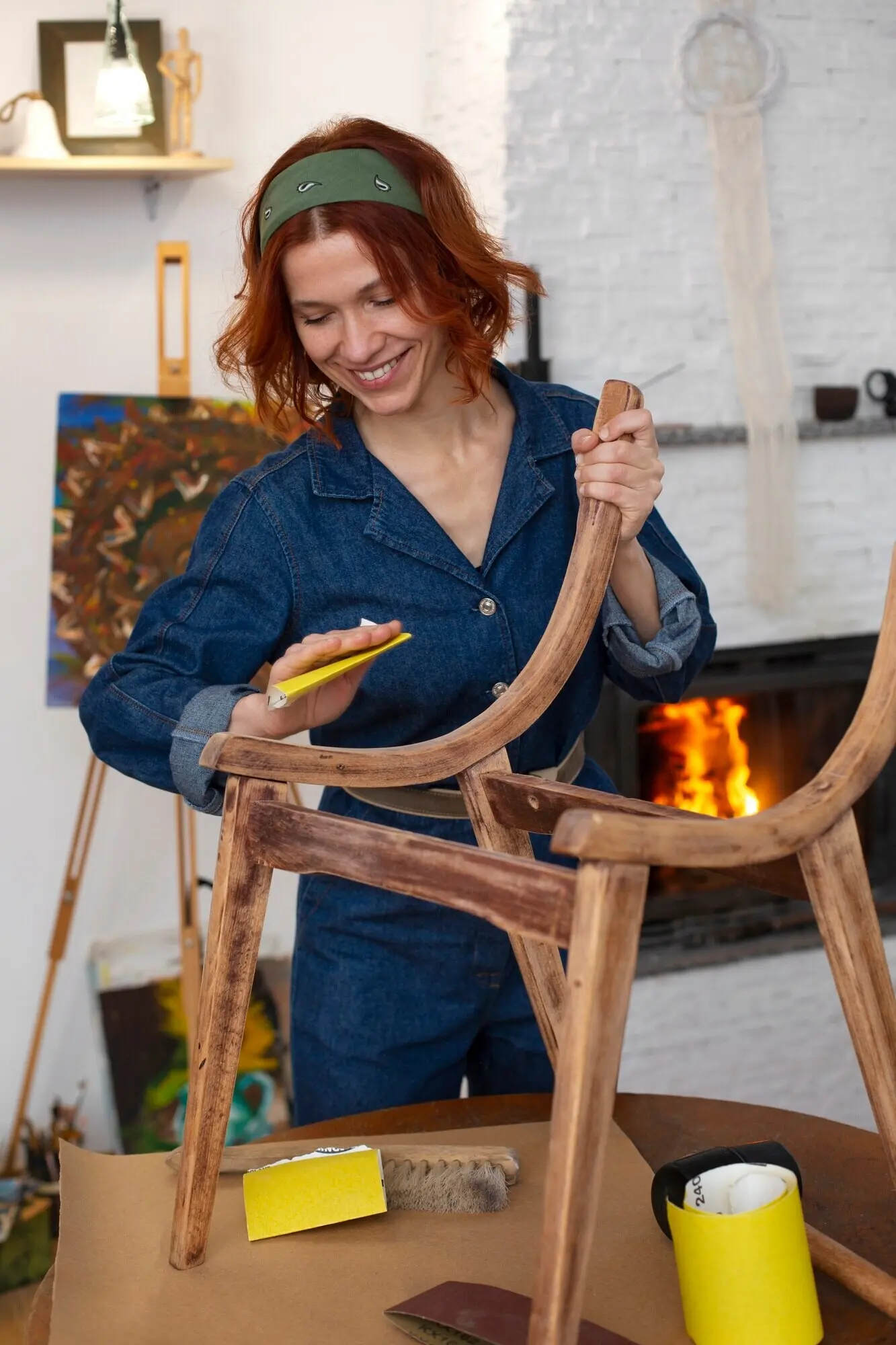 Halbnahe Aufnahme einer Frau, die Möbel restauriert.