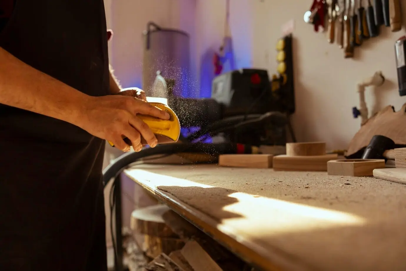 Ein Profi im Holzhandwerk verwendet Schleifpapier, um eine Holzoberfläche zu schleifen.